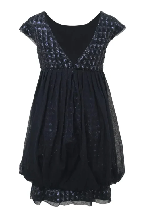 Navy layered sequined polyester mesh bateau neck cap sleeve mini bubble dress with portrait back