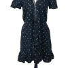 Navy linen polka dot print tie-front ruffle mini dress