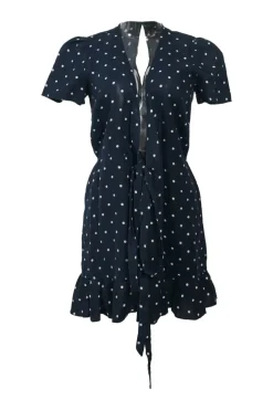 Navy linen polka dot print tie-front ruffle mini dress