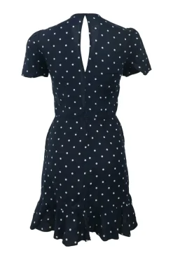 Navy linen polka dot print tie-front ruffle mini dress