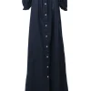 Navy linen square-neck puff sleeve button-front swing-style maxi dress