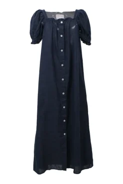 Navy linen square-neck puff sleeve button-front swing-style maxi dress