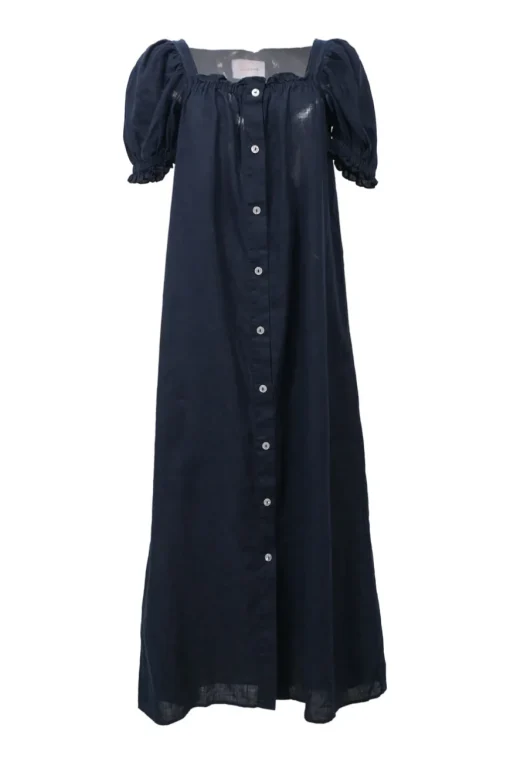 Navy linen square-neck puff sleeve button-front swing-style maxi dress