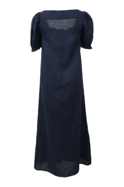 Navy linen square-neck puff sleeve button-front swing-style maxi dress