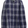 Navy linen-blend oversized gingham check button front blouse with ruffle collar and blouson sleeves