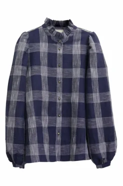 Navy linen-blend oversized gingham check button front blouse with ruffle collar and blouson sleeves