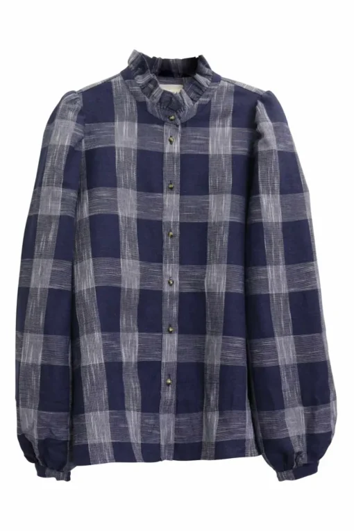 Navy linen-blend oversized gingham check button front blouse with ruffle collar and blouson sleeves