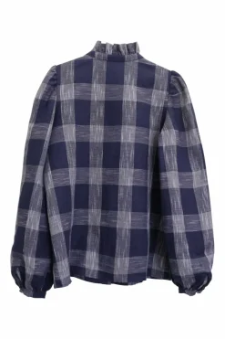 Navy linen-blend oversized gingham check button front blouse with ruffle collar and blouson sleeves
