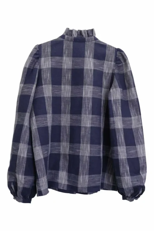 Navy linen-blend oversized gingham check button front blouse with ruffle collar and blouson sleeves