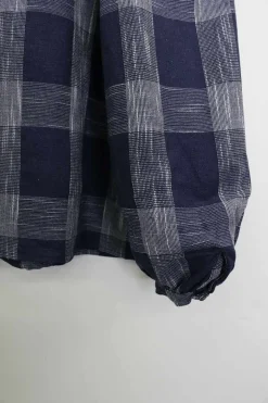 Navy linen-blend oversized gingham check button front blouse with ruffle collar and blouson sleeves