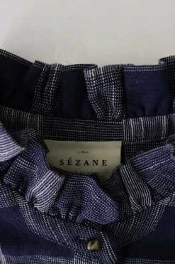 Navy linen-blend oversized gingham check button front blouse with ruffle collar and blouson sleeves