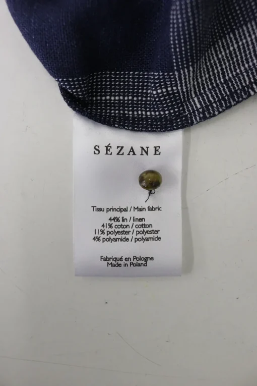 Navy linen-blend oversized gingham check button front blouse with ruffle collar and blouson sleeves