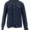 Navy long-sleeved silk top