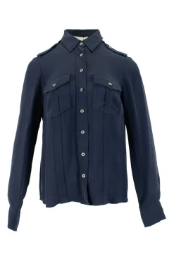 Navy long-sleeved silk top