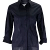 Navy long-sleeved top with strap connecting from waist to collar