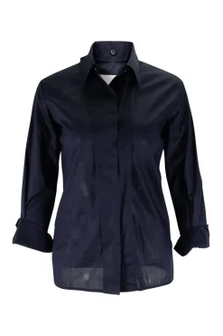Navy long-sleeved top with strap connecting from waist to collar