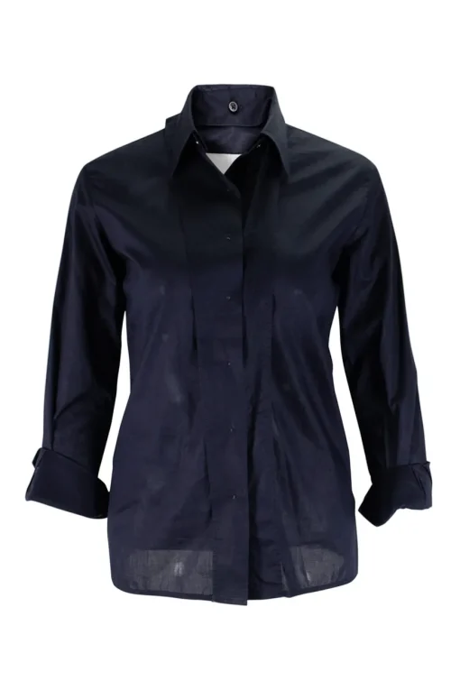 Navy long-sleeved top with strap connecting from waist to collar