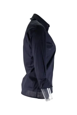 Navy long-sleeved top with strap connecting from waist to collar