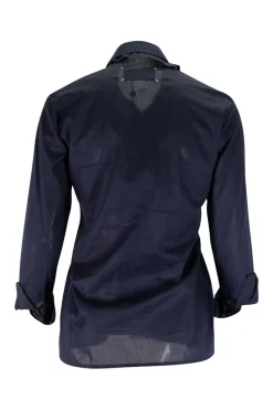 Navy long-sleeved top with strap connecting from waist to collar