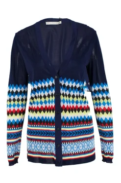 Navy Multi Geometric Intarsia Knitted Long Sleeve Cardigan