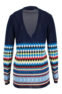 Navy Multi Geometric Intarsia Knitted Long Sleeve Cardigan
