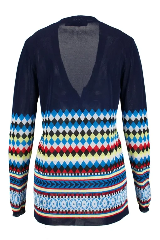 Navy Multi Geometric Intarsia Knitted Long Sleeve Cardigan