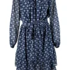 Navy off-shoulder knee-length dress with light blue motif pattern and belt-tie