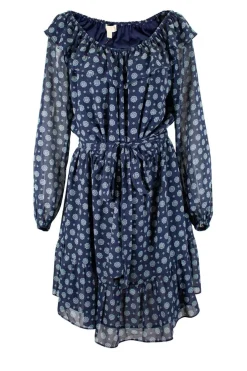 Navy off-shoulder knee-length dress with light blue motif pattern and belt-tie