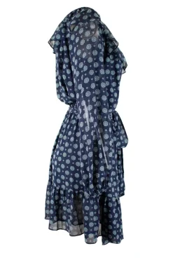 Navy off-shoulder knee-length dress with light blue motif pattern and belt-tie