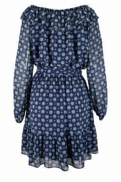 Navy off-shoulder knee-length dress with light blue motif pattern and belt-tie