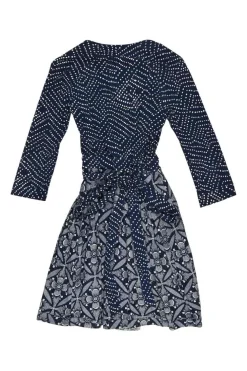 Navy paneled cotton abstract print signature A-line half sleeve wrap dress with self-tie waist fastening