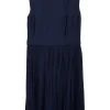 Navy paneled sleeveless A-line midi dress with plissé skirt