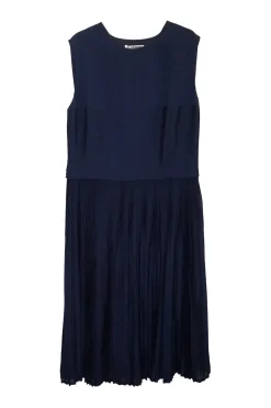 Navy paneled sleeveless A-line midi dress with plissé skirt