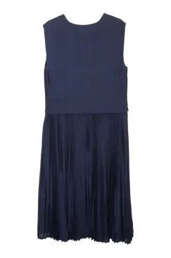 Navy paneled sleeveless A-line midi dress with plissé skirt
