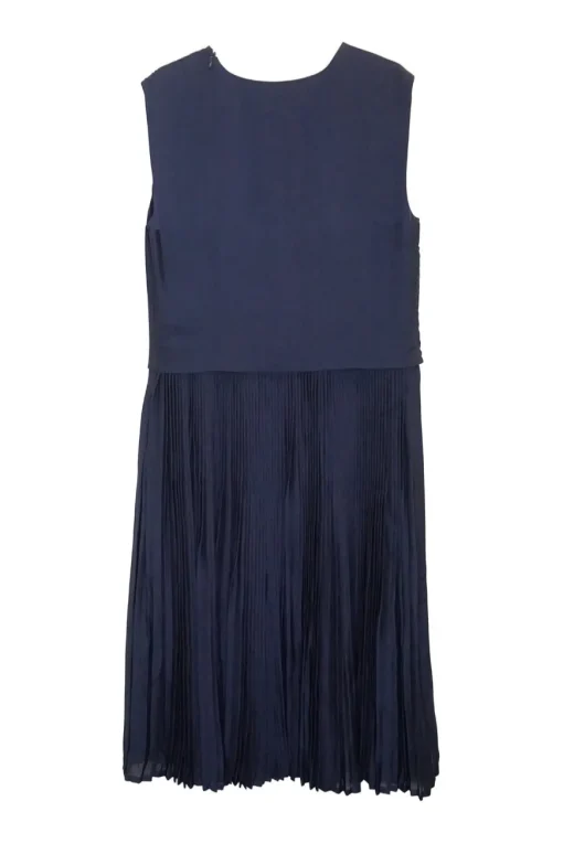 Navy paneled sleeveless A-line midi dress with plissé skirt
