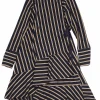Navy paneled striped cotton poplin wrap-front asymmetric swing-style shift with flounce hem