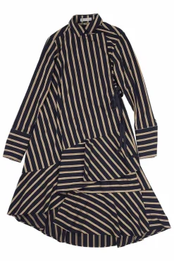 Navy paneled striped cotton poplin wrap-front asymmetric swing-style shift with flounce hem