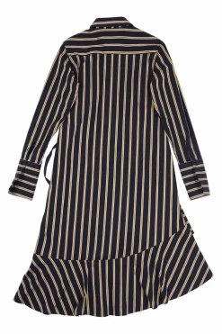 Navy paneled striped cotton poplin wrap-front asymmetric swing-style shift with flounce hem