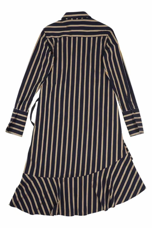 Navy paneled striped cotton poplin wrap-front asymmetric swing-style shift with flounce hem