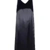 Navy paneled viscose-polyamide blend satin slit slip dress with velvet bodice