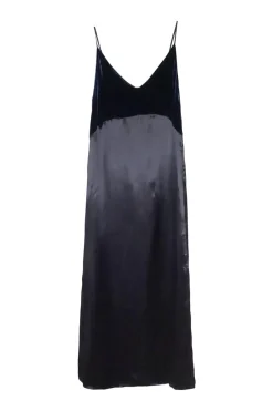 Navy paneled viscose-polyamide blend satin slit slip dress with velvet bodice