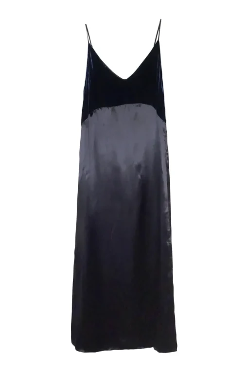 Navy paneled viscose-polyamide blend satin slit slip dress with velvet bodice