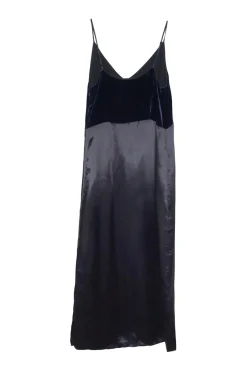 Navy paneled viscose-polyamide blend satin slit slip dress with velvet bodice