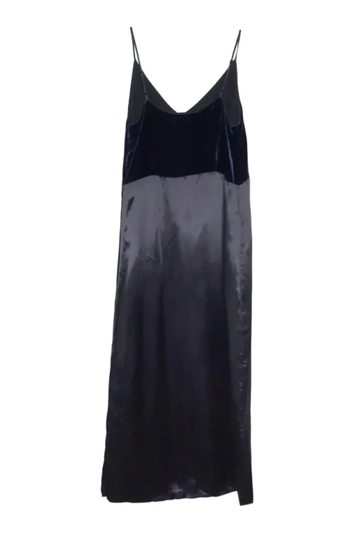 Navy paneled viscose-polyamide blend satin slit slip dress with velvet bodice