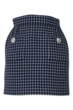 Navy pinwheel houndstooth tweed pull-on mini skirt