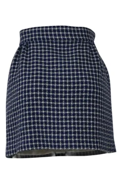Navy pinwheel houndstooth tweed pull-on mini skirt