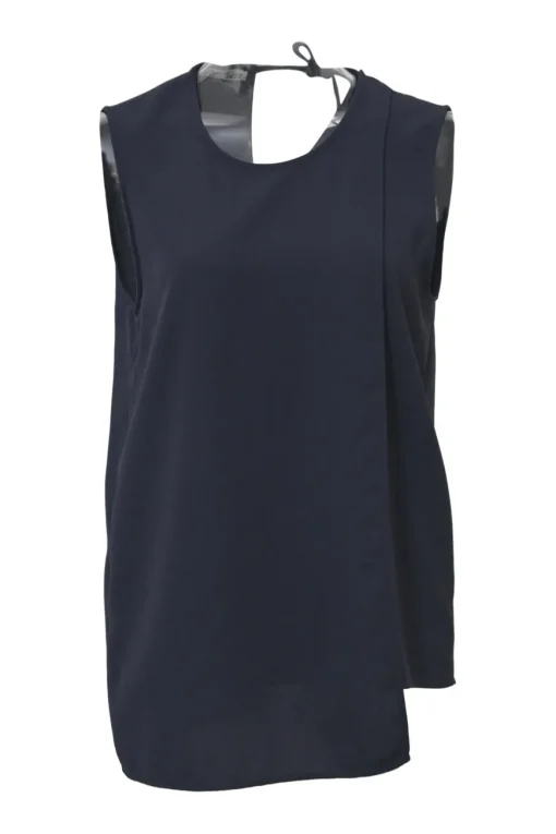 Navy polyester crêpe Maela Sablé high-low sleeveless crew-neck top with fixed flap panel