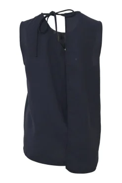 Navy polyester crêpe Maela Sablé high-low sleeveless crew-neck top with fixed flap panel