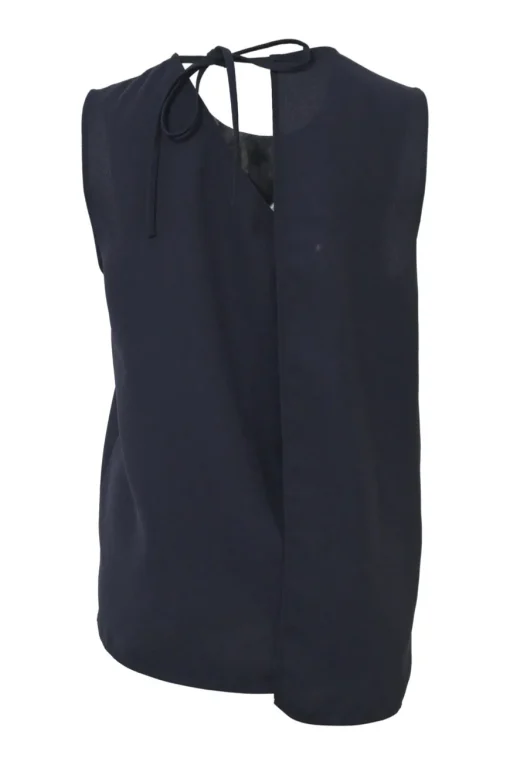 Navy polyester crêpe Maela Sablé high-low sleeveless crew-neck top with fixed flap panel