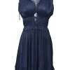 Navy polyester drawstring plissé plunge neck sleeveless dress with front keyhole details